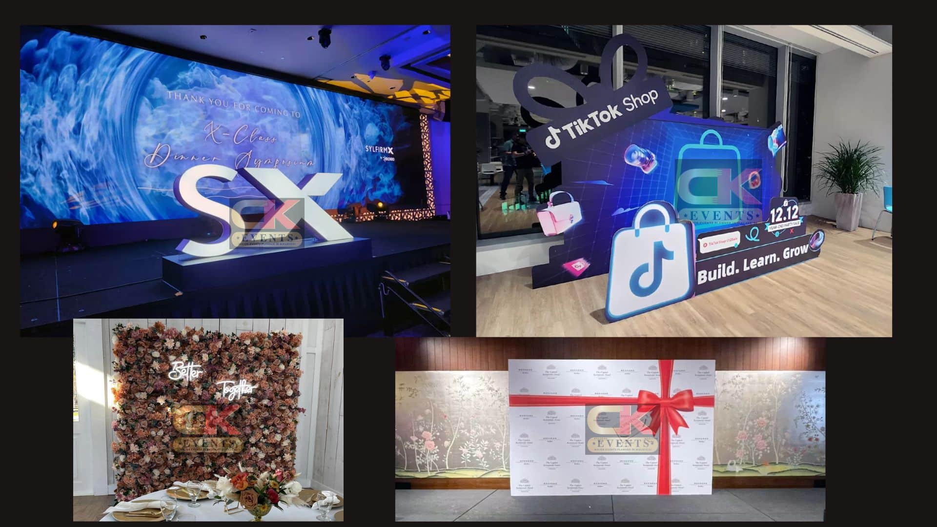 Event stage with freestanding letters and layered retail campaign display