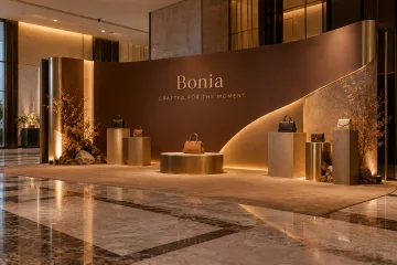 Bonia leather accessories collection reveal with minimal bag plinths, monolithic curved wall and discreet accent lighting