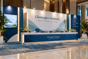 Gleneagles Hospitals healthcare professional symposium with a professional medical symposium registration counter, clear event welcome panels and clean interview photo wall
