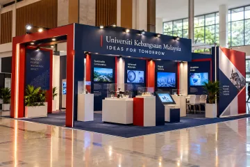 Universiti Kebangsaan Malaysia research and innovation showcase with modular research exhibit walls, project prototype plinths, clean project screens and a university showcase entrance frame