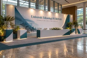 Universiti Teknologi PETRONAS industry and university partnership forum with a partnership signing stage with long signing desk, research exhibit podiums and a clean institutional media wall