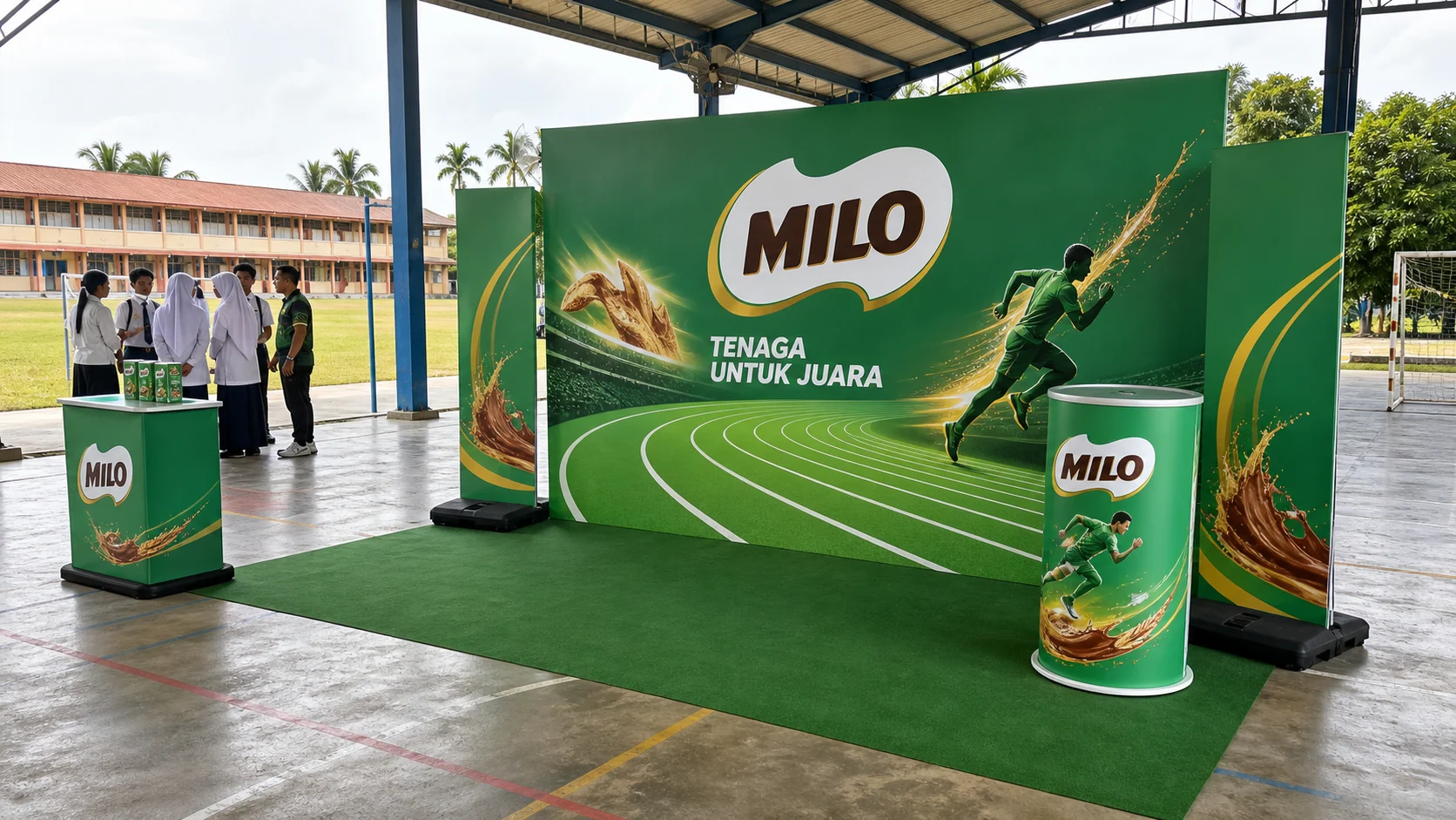 MILO school sports activation backdrop concept on a covered court in Selangor