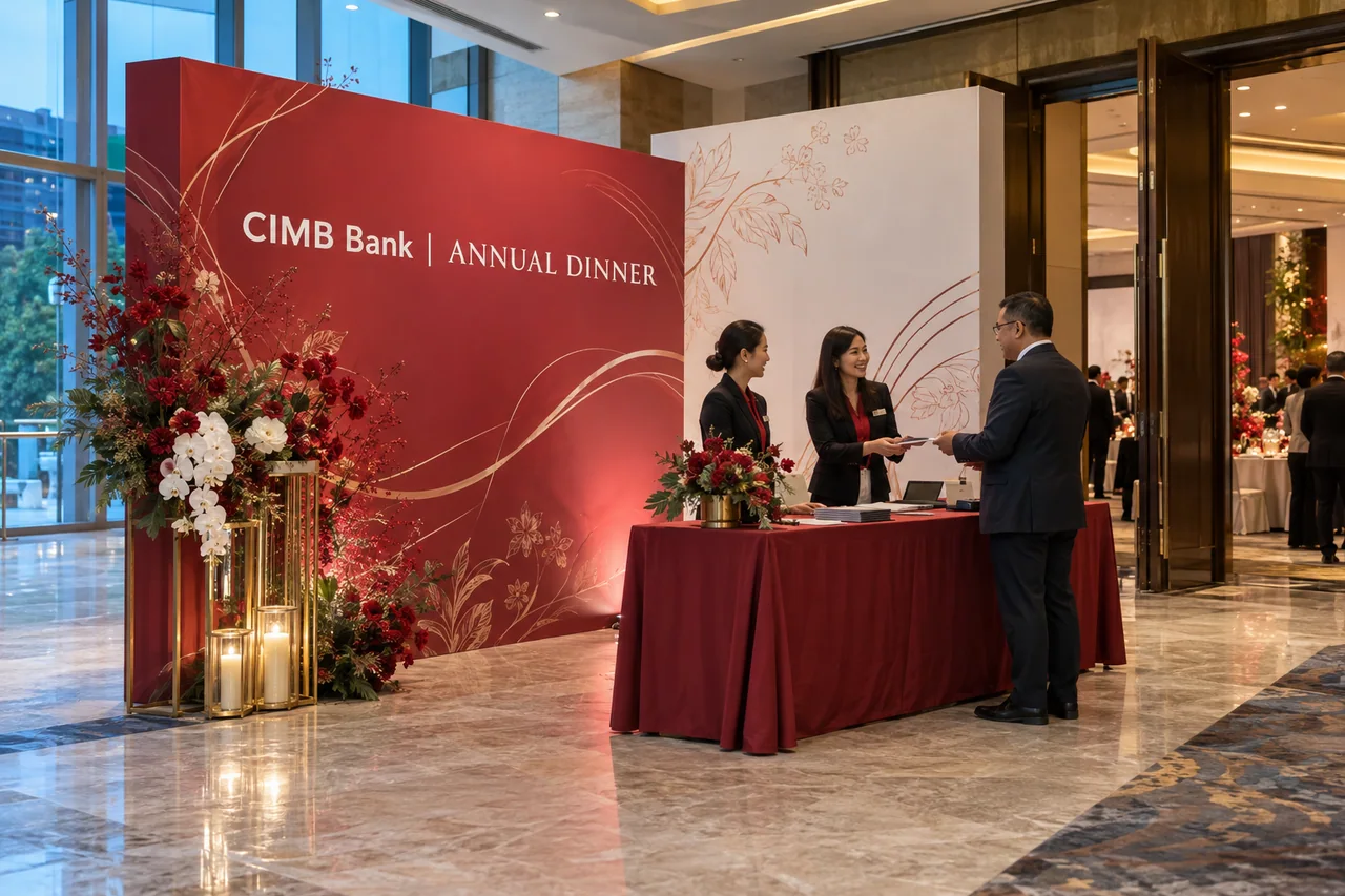 CIMB Bank annual dinner design reference with dinner photo foyer and reception counter