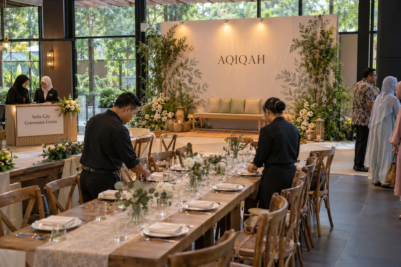 Setia City Convention Centre aqiqah design reference with community-style aqiqah family dining and portrait wall