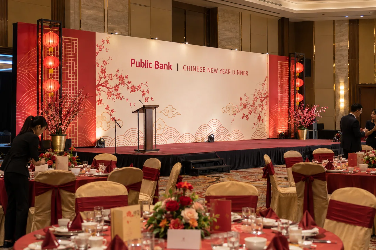 Public Bank corporate cny dinner design reference with corporate chinese new year banquet stage