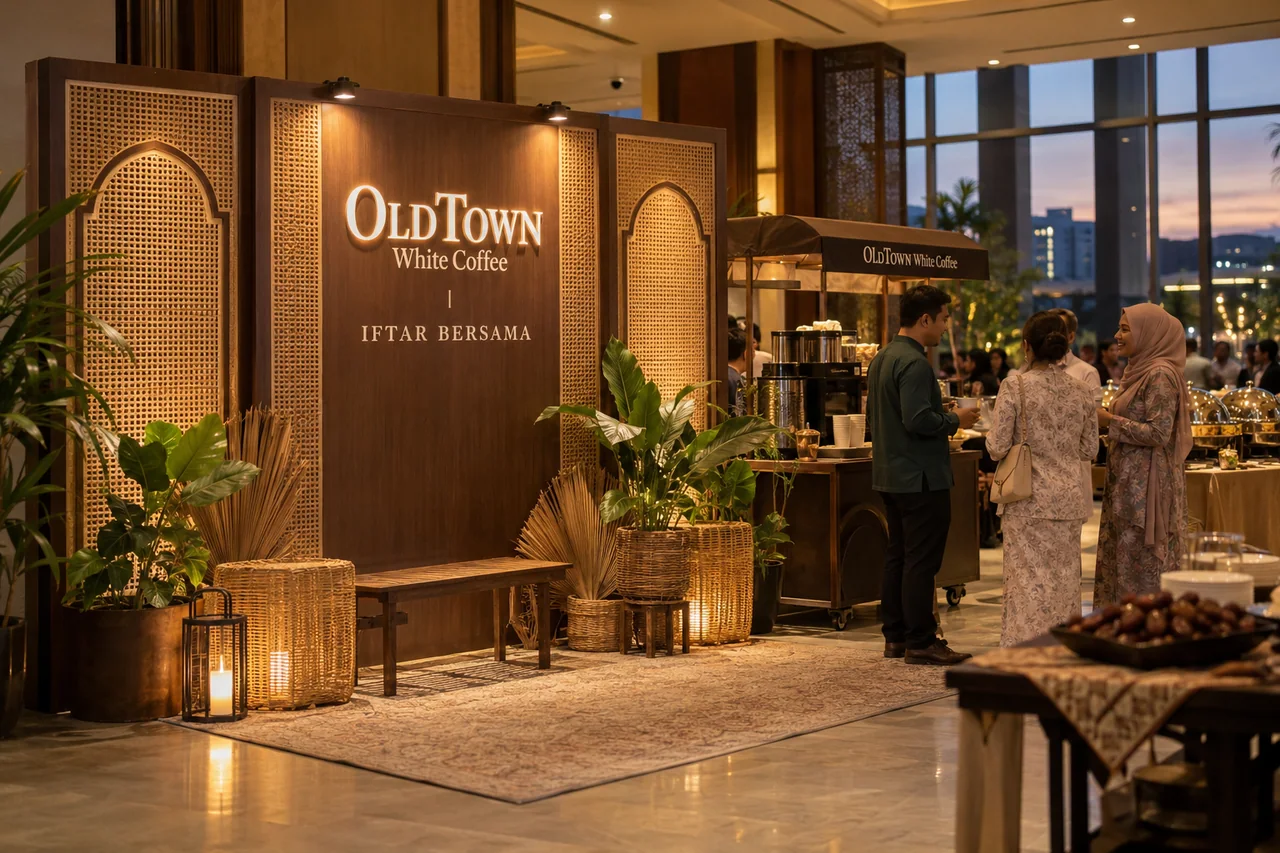 OldTown White Coffee iftar or buka puasa design reference with iftar buffet welcome wall