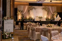 Setia City Convention Centre wedding reception design reference with wedding reception head table and low portrait dais
